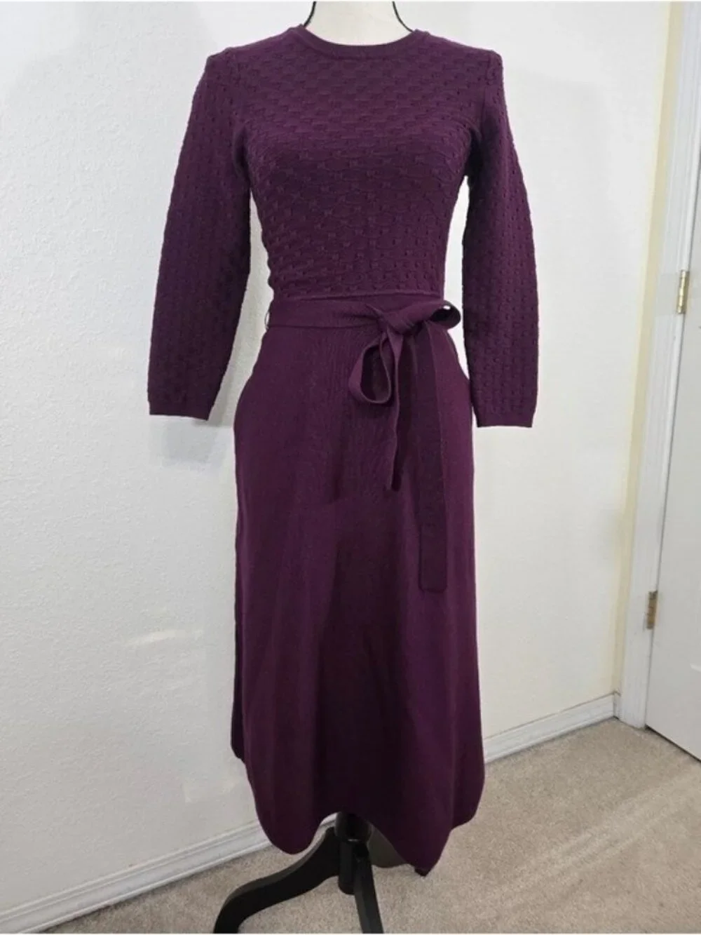 Eliza J Purple 3/4 Sleeves Crewneck Tie Waist Fit & Flare Sweater Dress, size XS